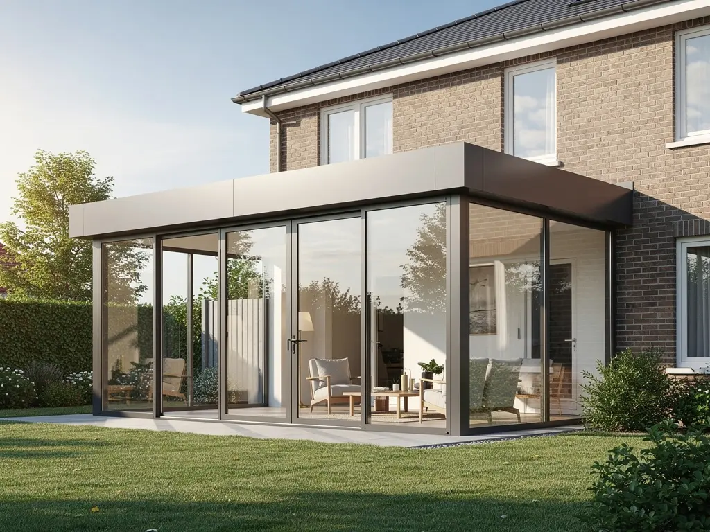 Véranda vitrée à toit plat en extension d'un pavillon